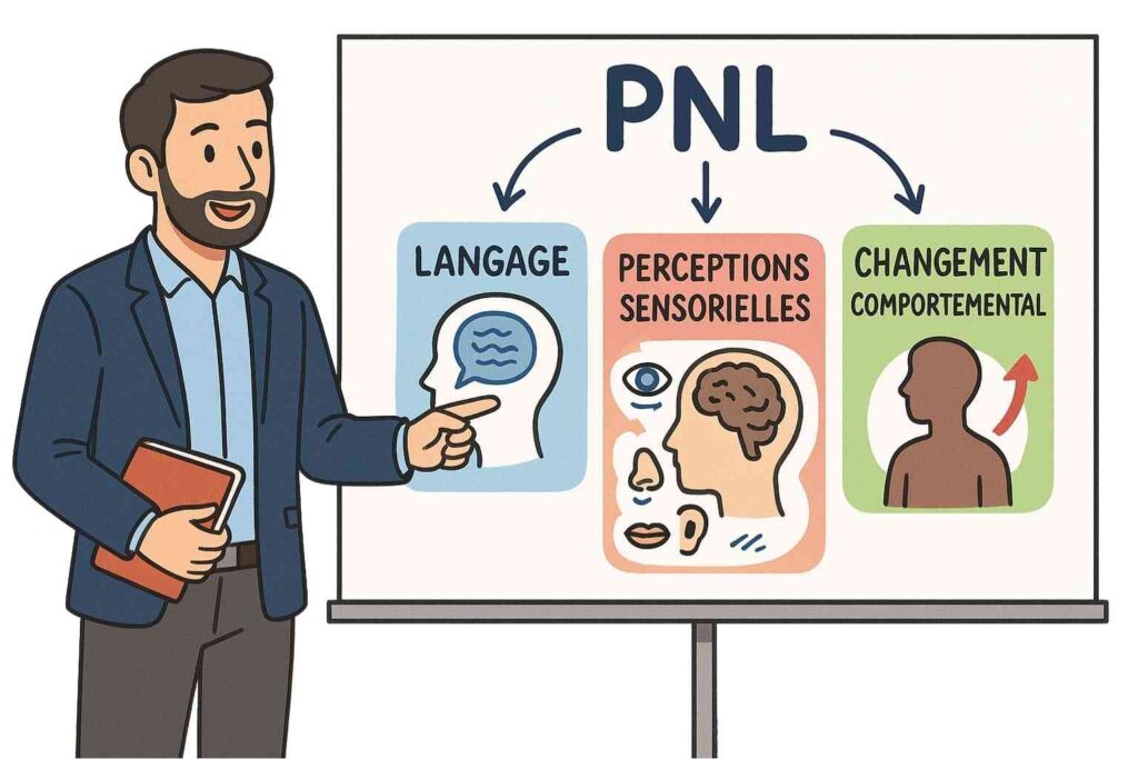 Coach expliquant la Programmation Neuro-Linguistique PNL lors d’une séance de développement personnel