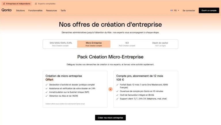 Page Qonto présentant le pack création auto-entreprise et les services associés.