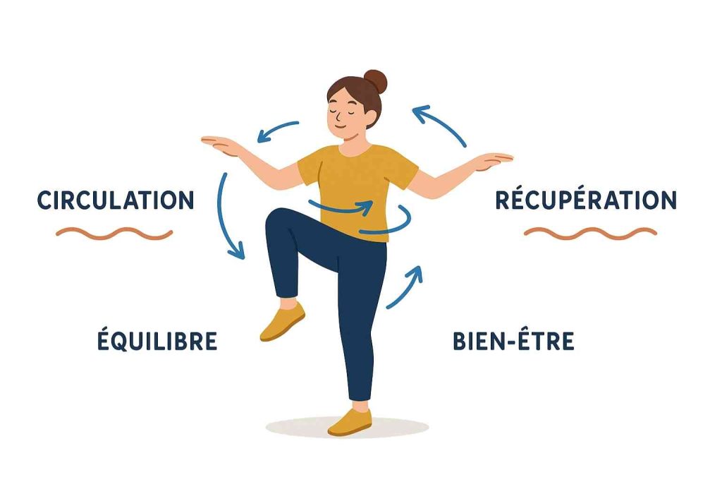 Personne pratiquant le repos actif pour favoriser la récupération musculaire et la détente mentale.