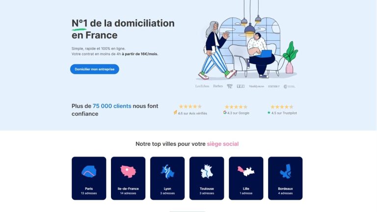 Interface SeDomicilier présentant des options de domiciliation d’entreprise en France.