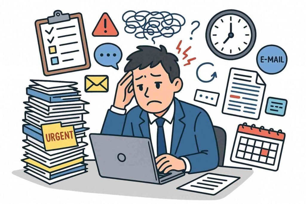 Employé submergé d’informations illustrant la surcharge cognitive au travail
