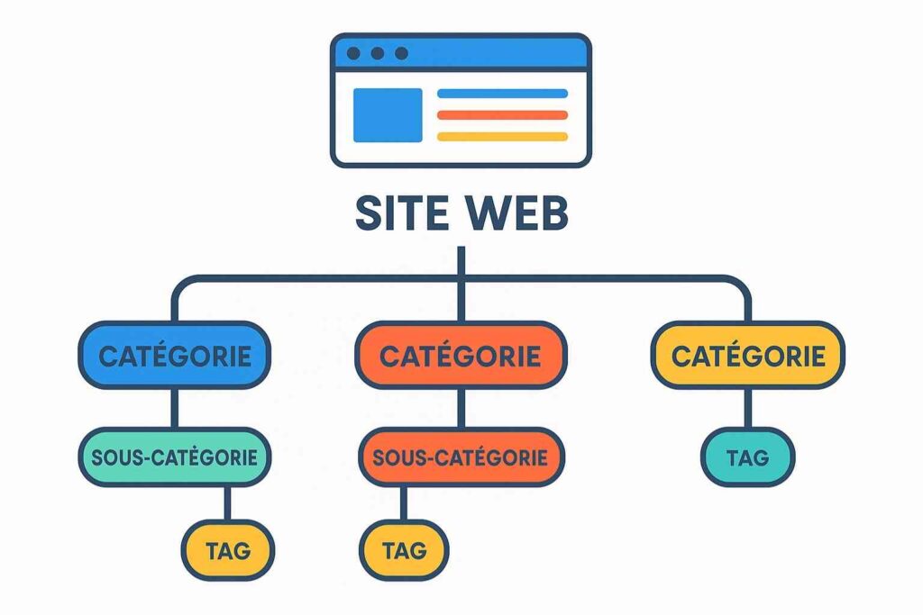 Schéma illustrant la taxonomie SEO et la classification des contenus d’un site web.