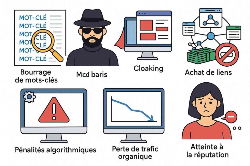 Illustration des techniques Black Hat SEO montrant cloaking, keyword stuffing et réseaux de blogs privés (PBN).