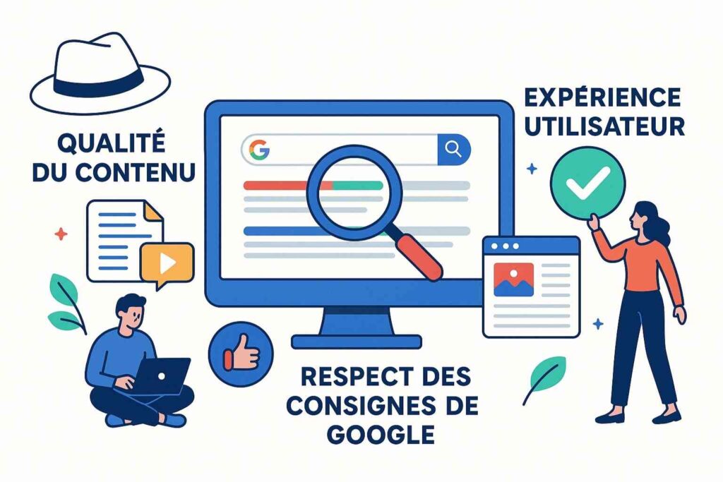 Illustration des techniques White Hat SEO respectant les règles de Google pour un référencement durable
