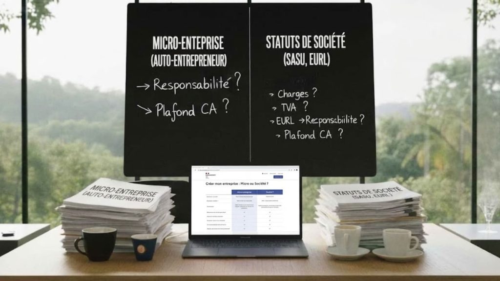 Table de travail comparant micro-entreprise et société avec documents et ordinateur.
