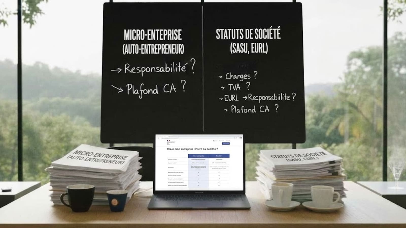 Table de travail comparant micro-entreprise et société avec documents et ordinateur.