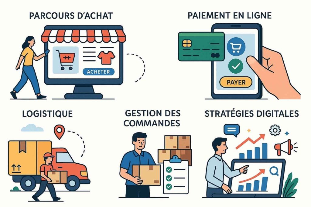 Illustration du e-commerce fonctionnement et principes avec une boutique en ligne