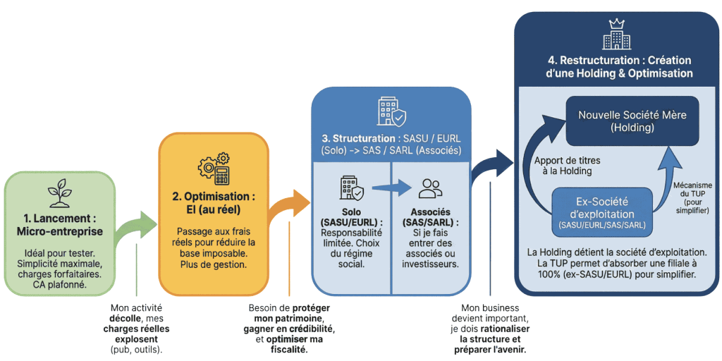 Schéma montrant les étapes d’évolution du statut d’un business en ligne.