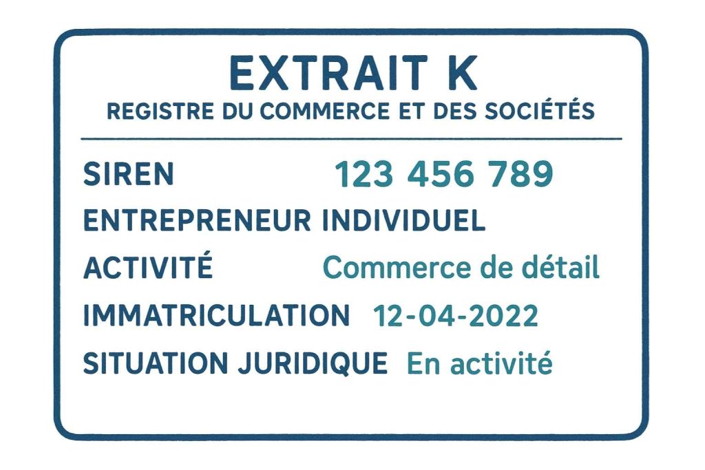 Extrait K du registre du commerce présentant l’identification d’un entrepreneur individuel.