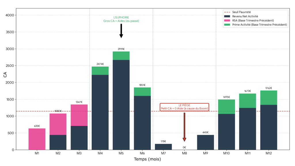 Graphique chiffre affaires aides sociales sur douze mois