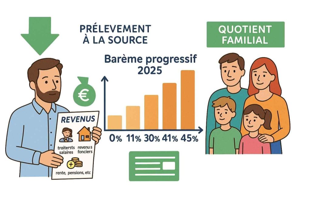 Impôt sur le revenu fonctionnement illustré avec barème progressif et quotient familial.