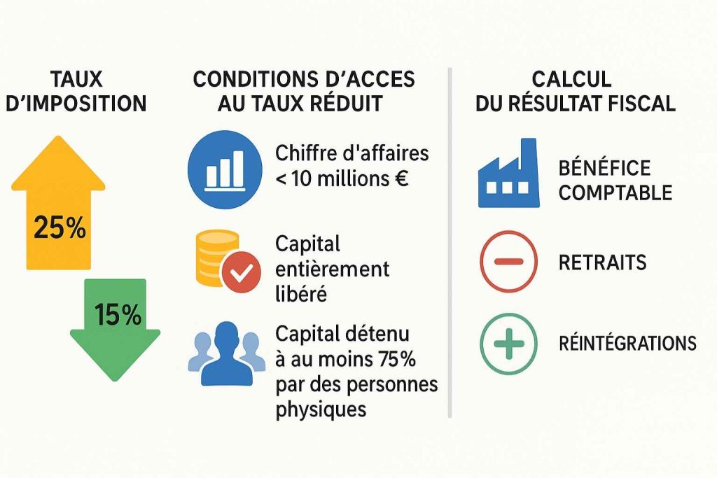 Impôt sur les sociétés fonctionnement expliqué avec les taux et le calcul du résultat fiscal.