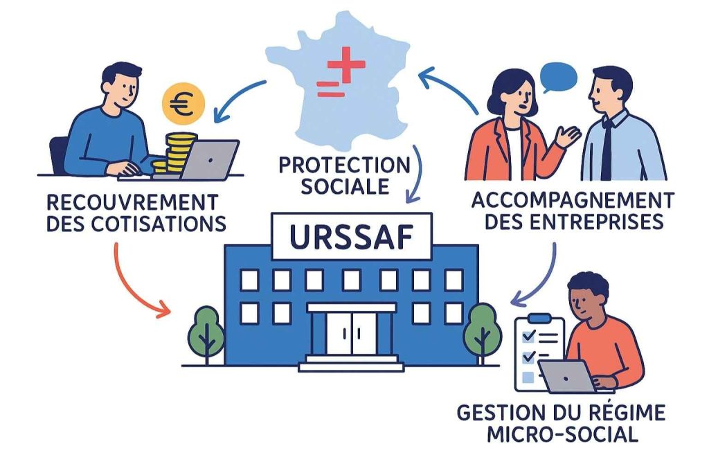 Rôle de l’URSSAF en France illustré par un organisme collectant les cotisations sociales.