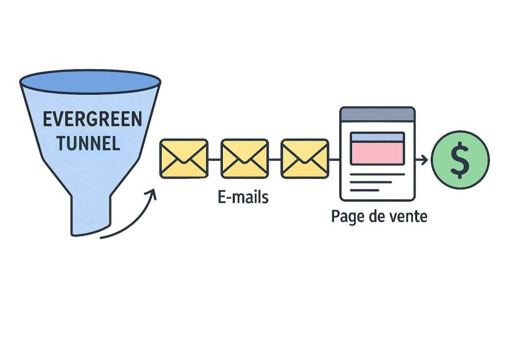 Tunnel de vente evergreen illustrant un système de vente automatisé en continu.