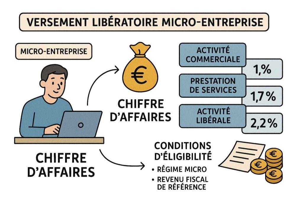 Versement libératoire micro-entreprise appliqué au chiffre d’affaires pour simplifier l’impôt.