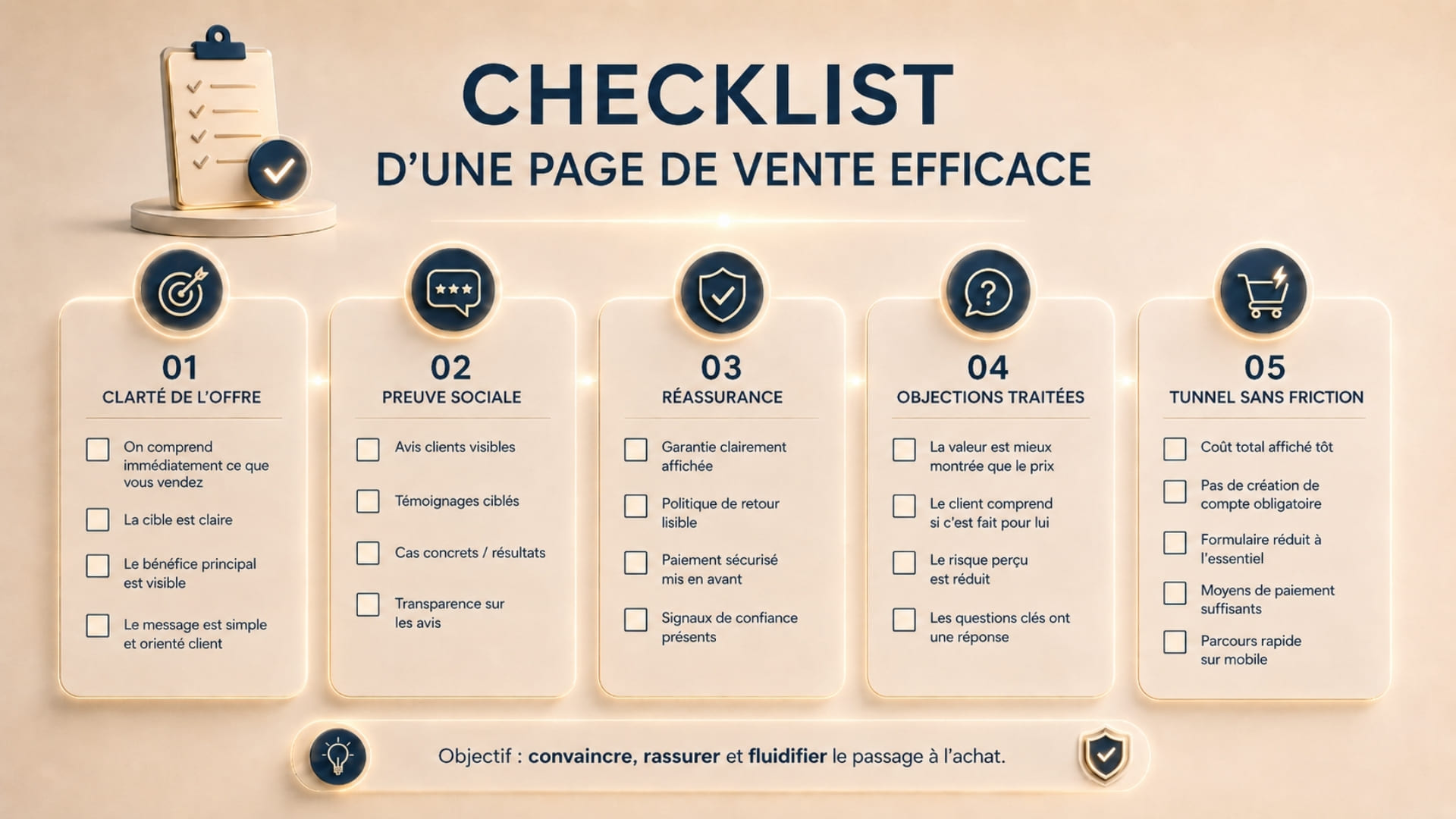 Checklist 3D à cocher des points clés d’une page de vente
