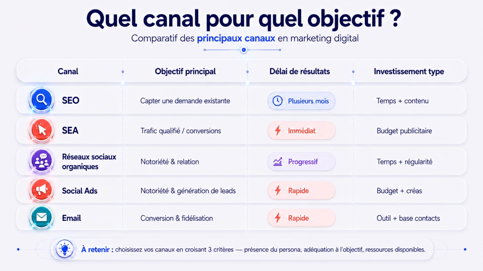 Tableau comparatif des canaux marketing digital par objectif