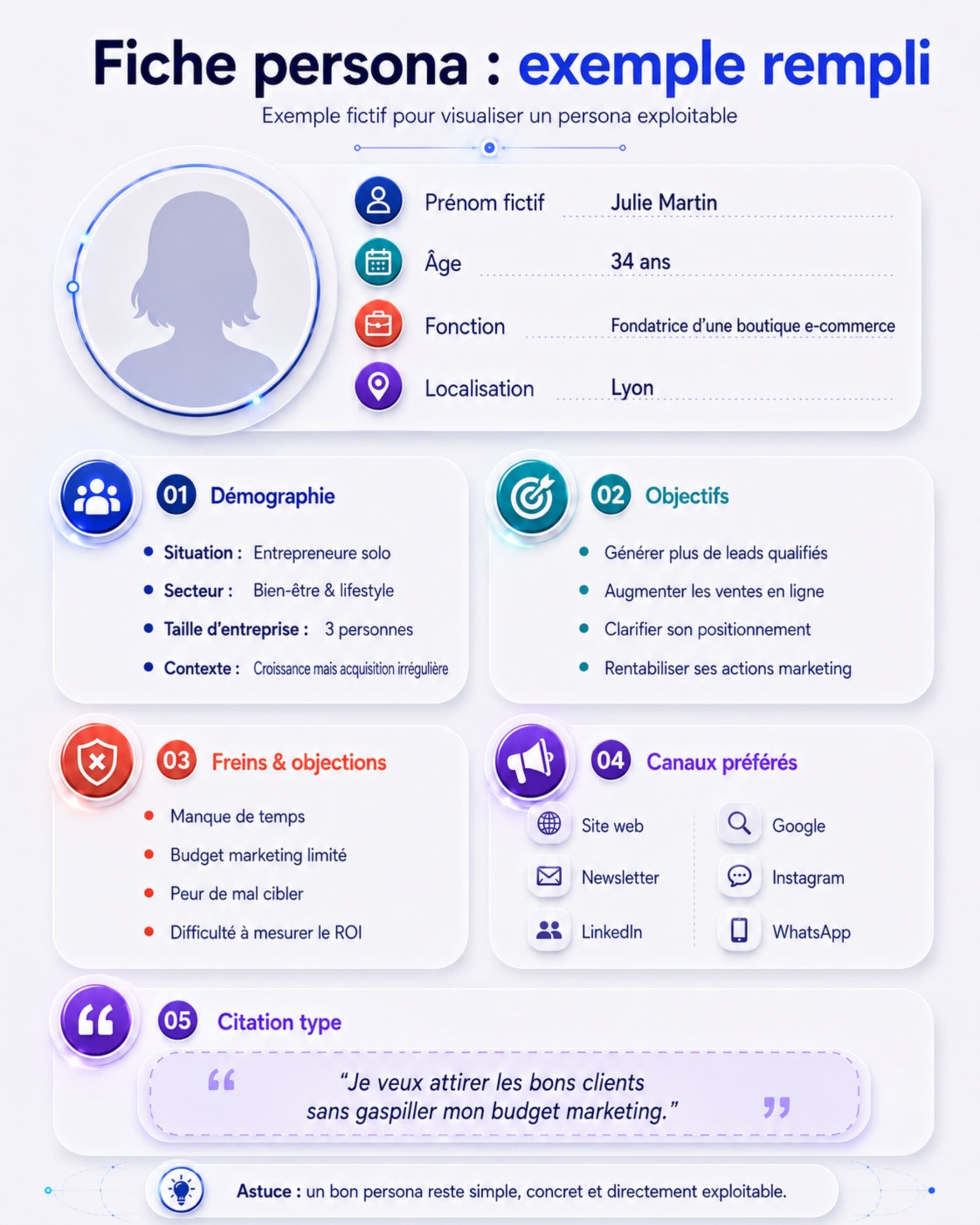 Exemple rempli de fiche persona pour campagne marketing