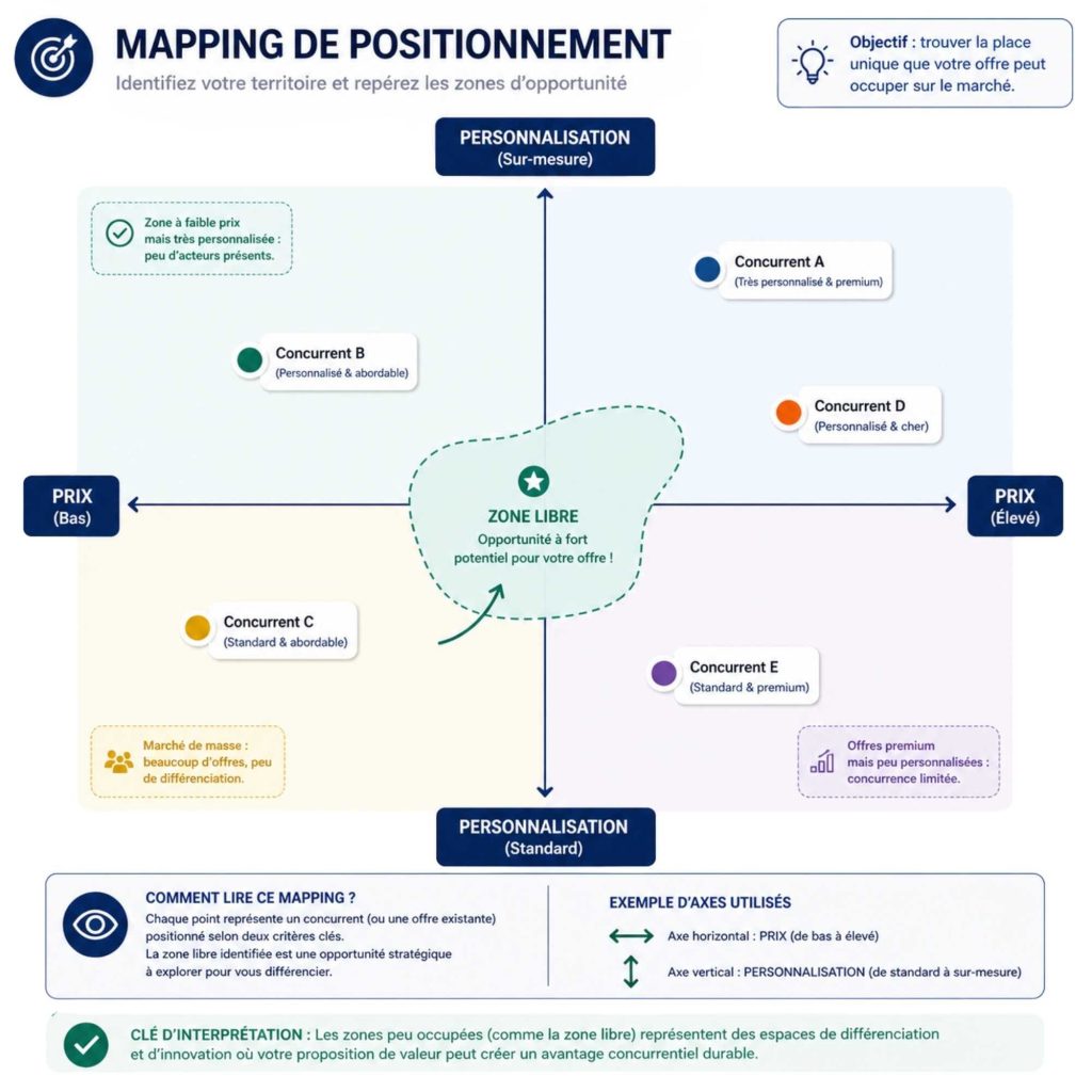 Mapping positionnement étude de marché - axes prix personnalisation