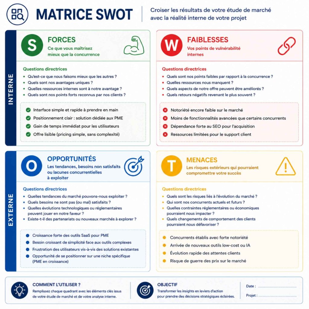Matrice SWOT étude de marche - forces - faiblesses - opportunités - menaces