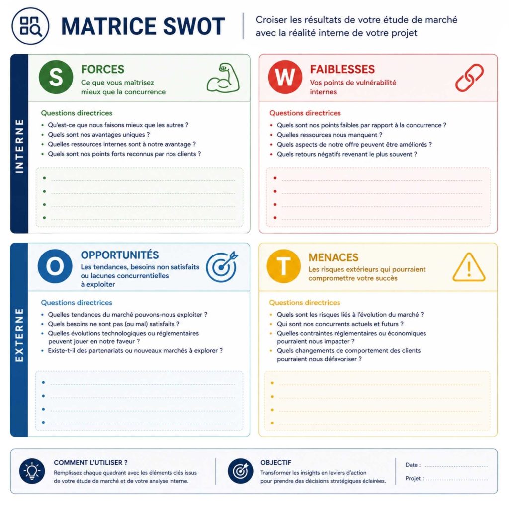 Matrice SWOT étude de marche - forces - faiblesses - opportunités - menaces