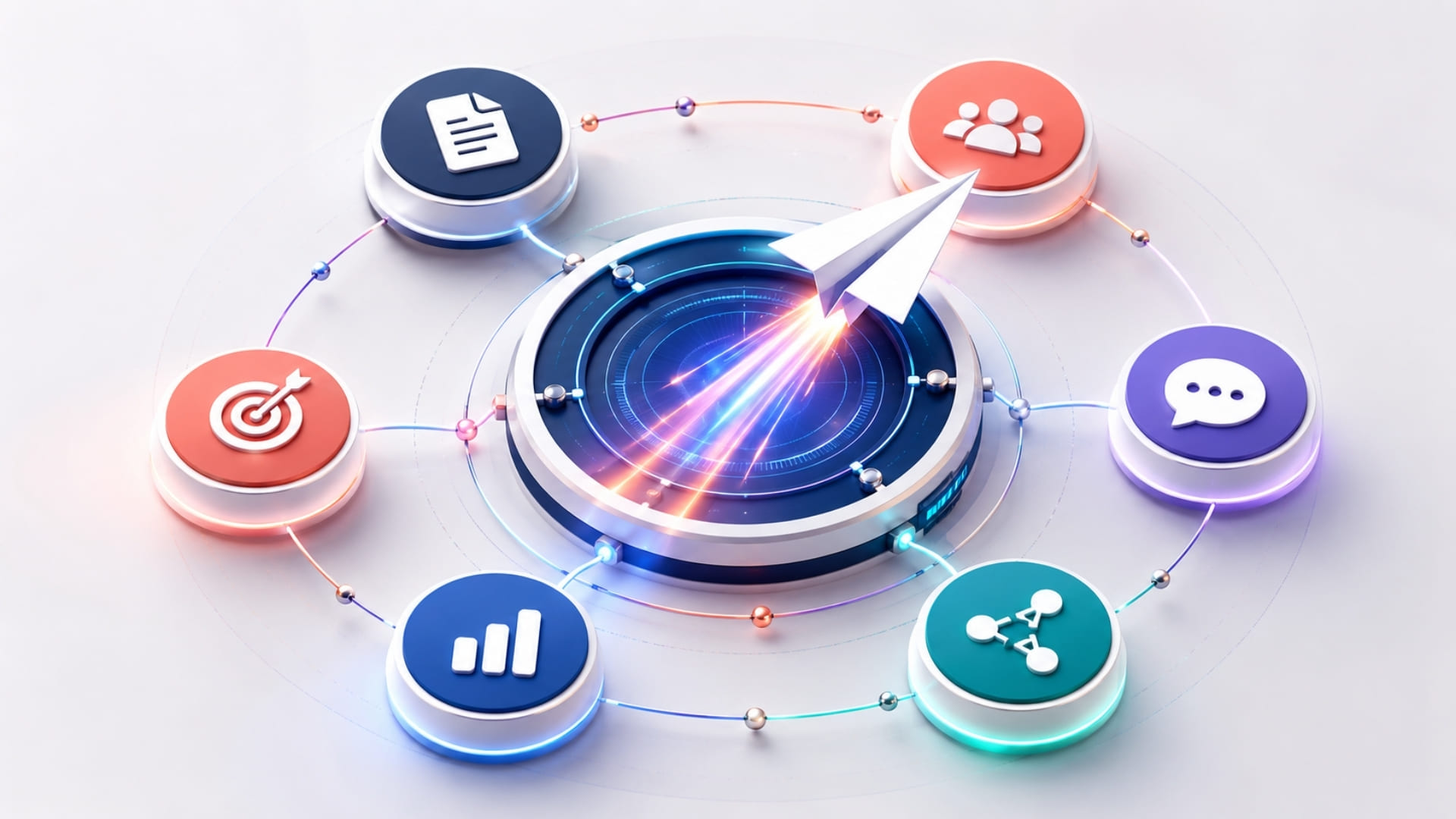 Hub marketing digital avec modules connectés et avion papier