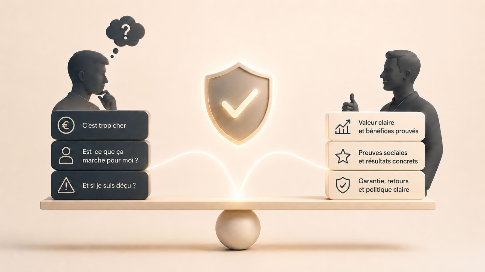 Balance 3D entre objections client et réponses rassurantes