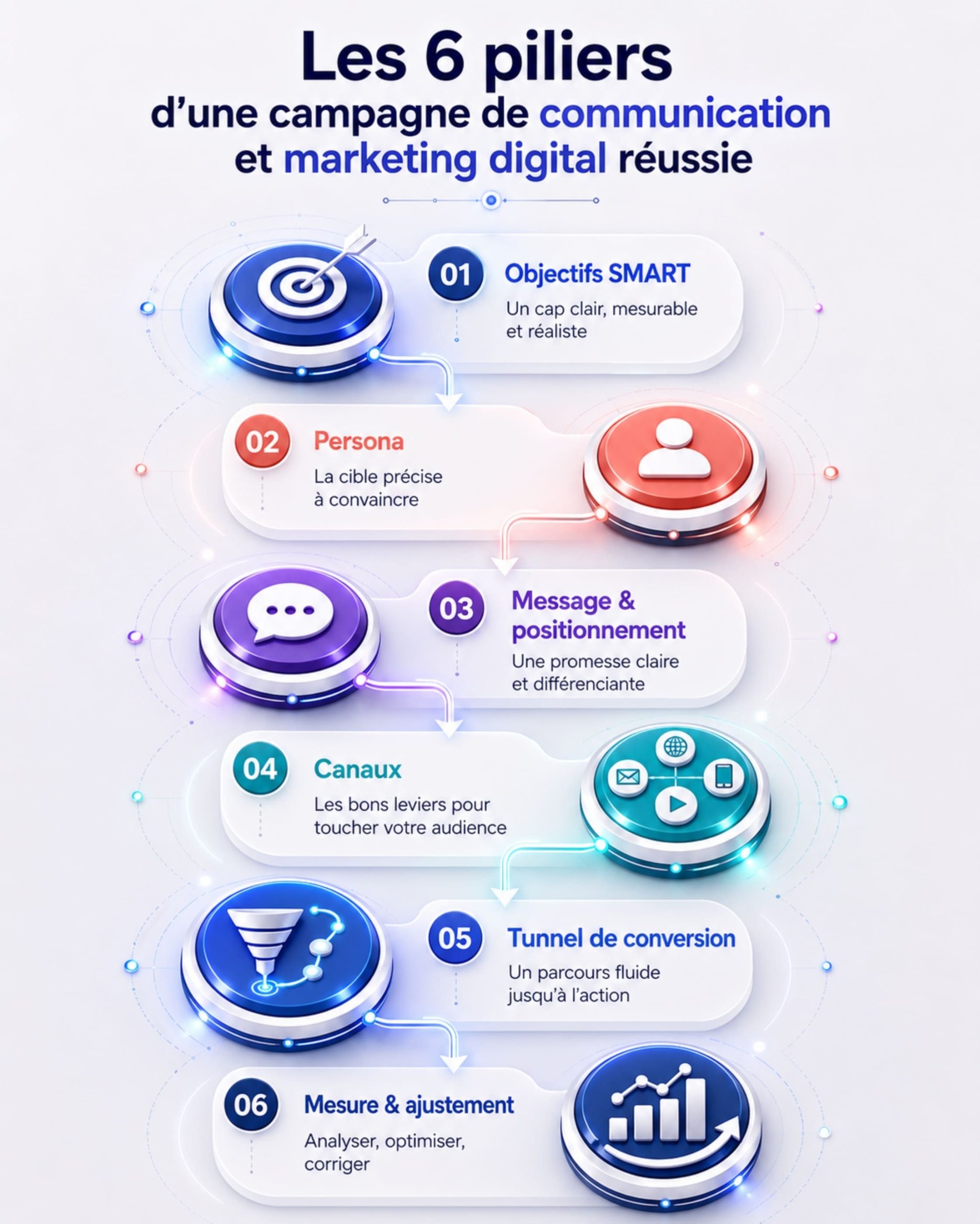Infographie des six piliers marketing digital en cascade