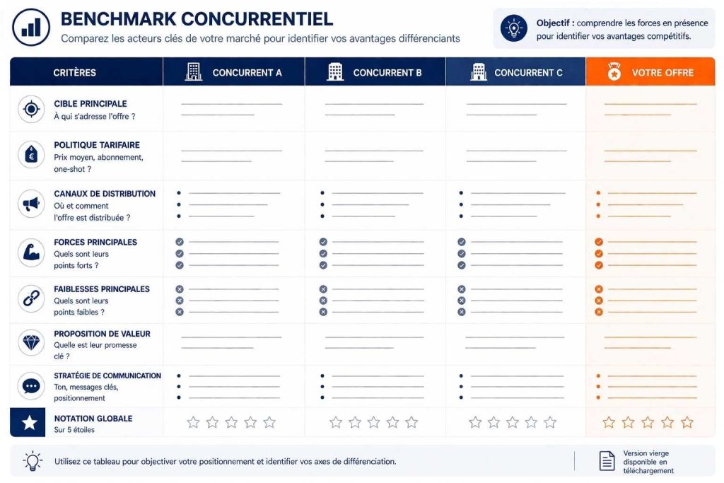 Tableau étude de marche vierge - benchmark concurrentiel - comparatif offre