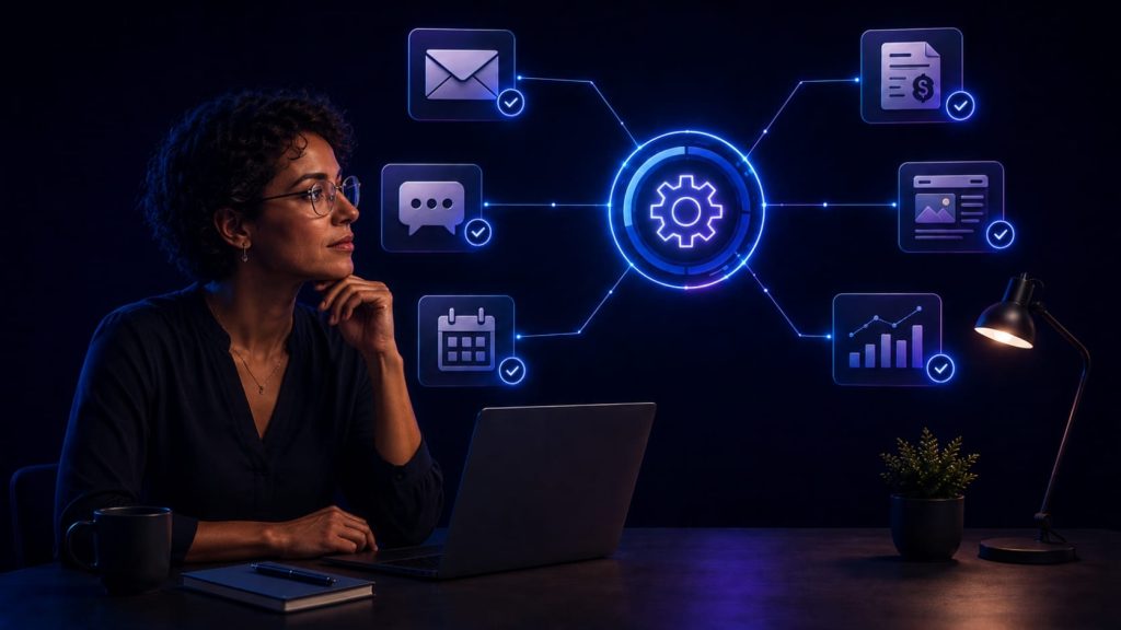 Entrepreneure utilisant des outils d’automatisation business en ligne