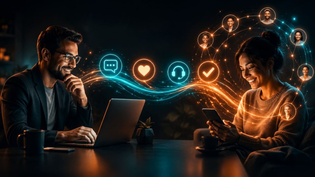 Entrepreneur et cliente connectés par une relation client digitale