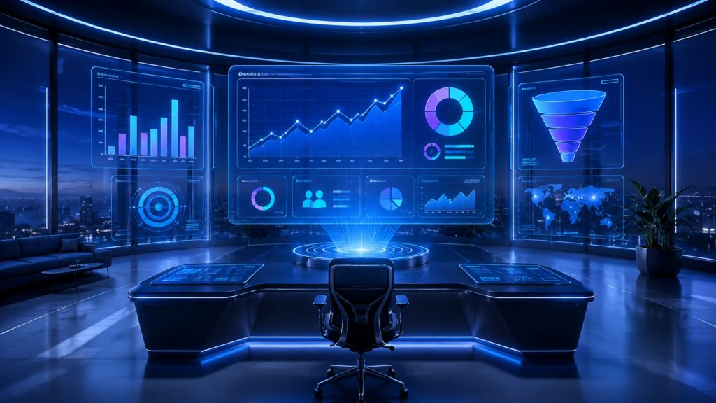 Salle de contrôle futuriste avec tableau de bord KPI