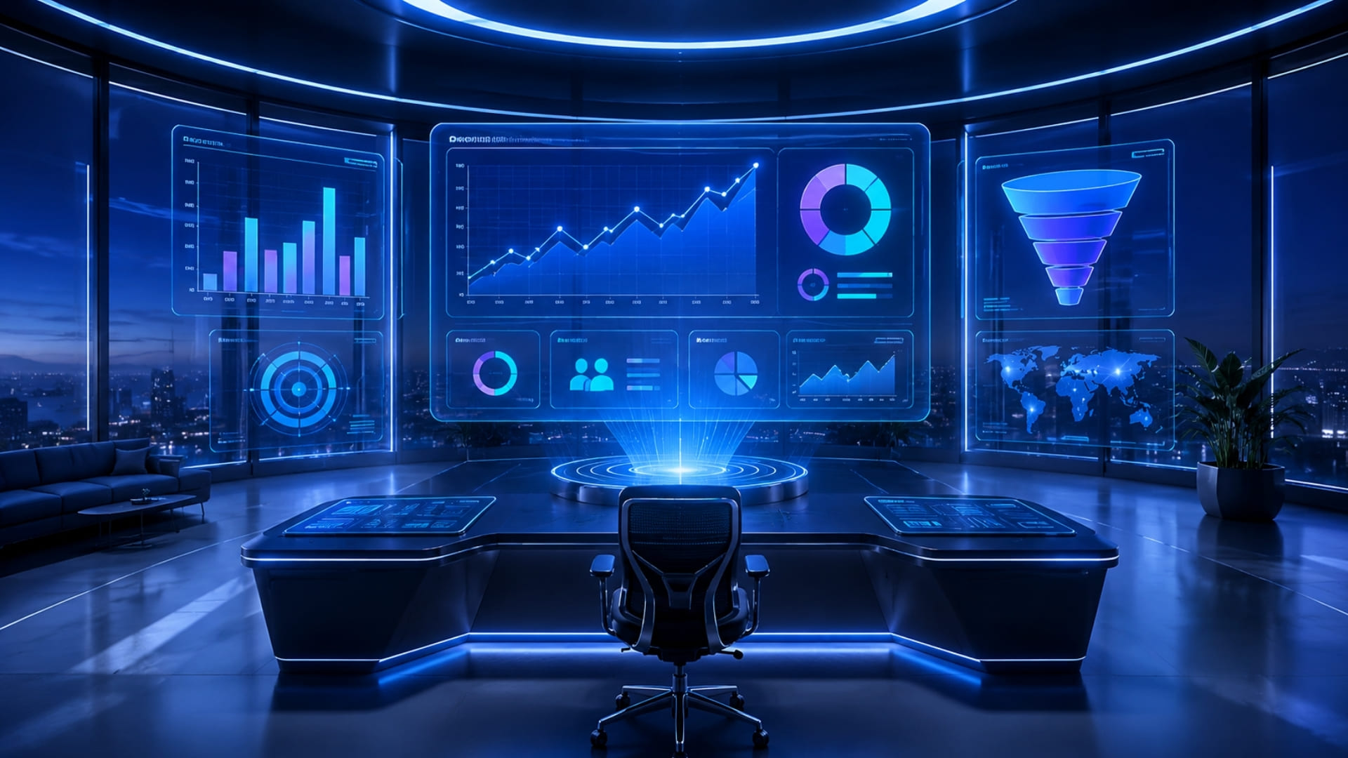 Salle de contrôle futuriste avec tableau de bord KPI