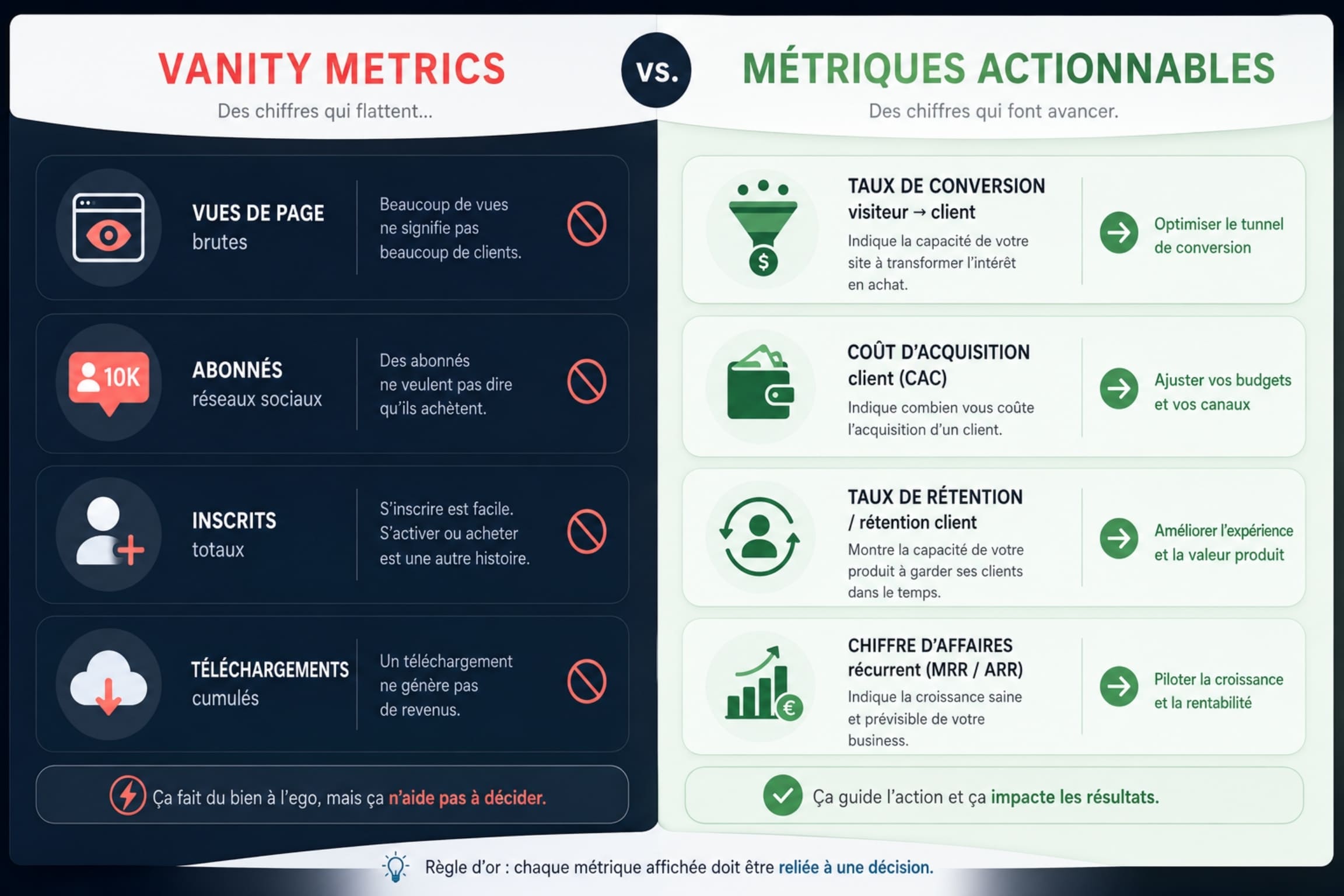 Comparaison entre vanity metrics et métriques actionnables