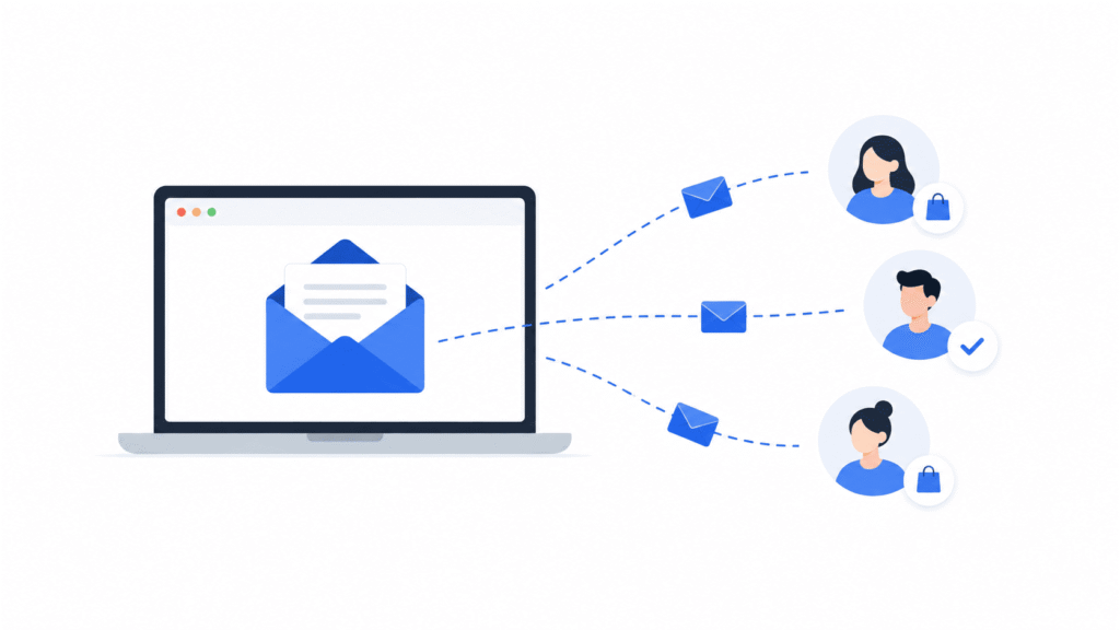 Illustration minimaliste d'une campagne emailing marketing envoyée à une audience ciblée.