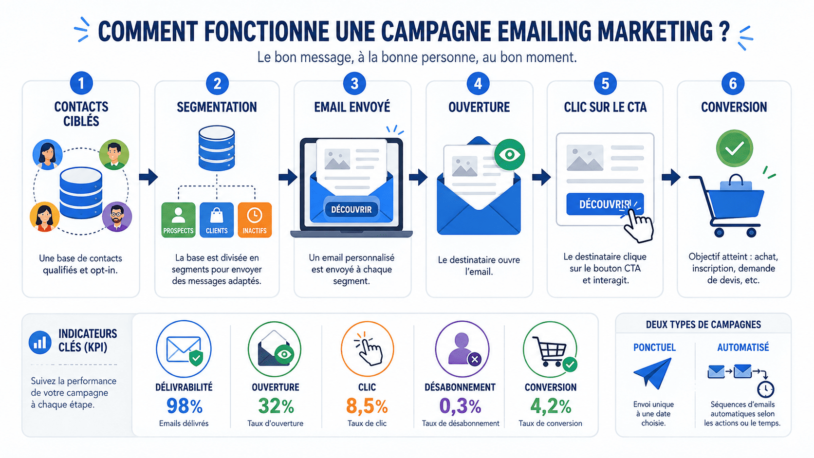 Fonctionnement d'une campagne emailing marketing, de la segmentation des contacts jusqu'au clic sur le CTA et à la conversion.