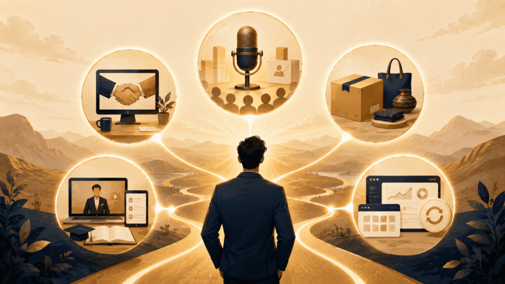 Entrepreneur comparant plusieurs modèles de business en ligne