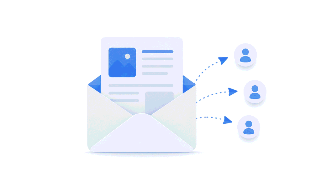 Illustration minimaliste d'une newsletter marketing envoyée régulièrement à une audience d'abonnés.
