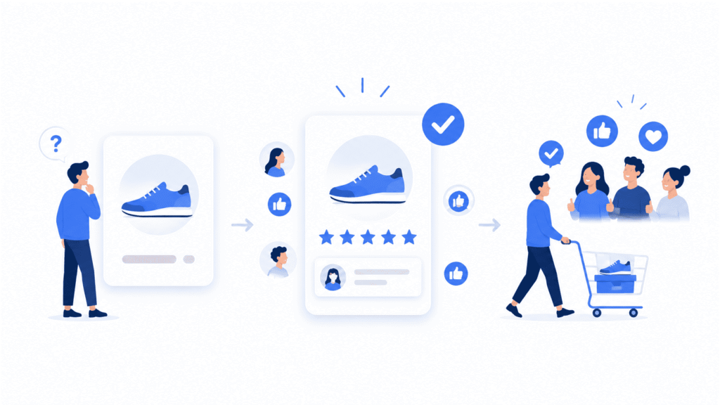 Illustration de la preuve sociale en marketing avec avis clients, témoignages et recommandations renforçant la confiance.
