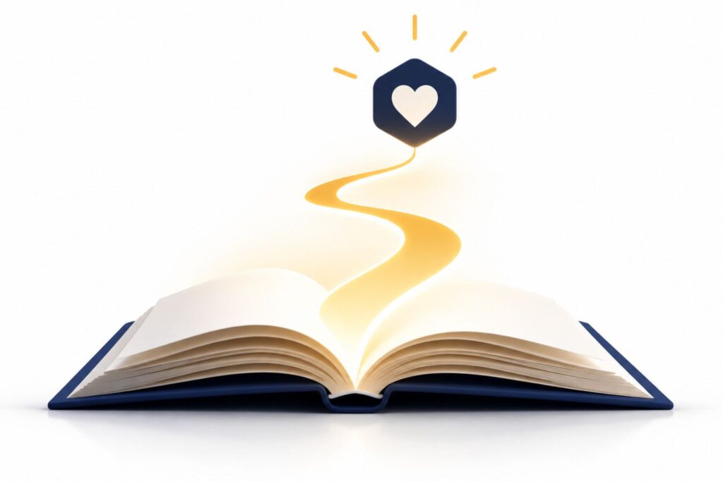 Illustration minimaliste du storytelling de marque symbolisé par un récit associé à l’univers d’une marque.