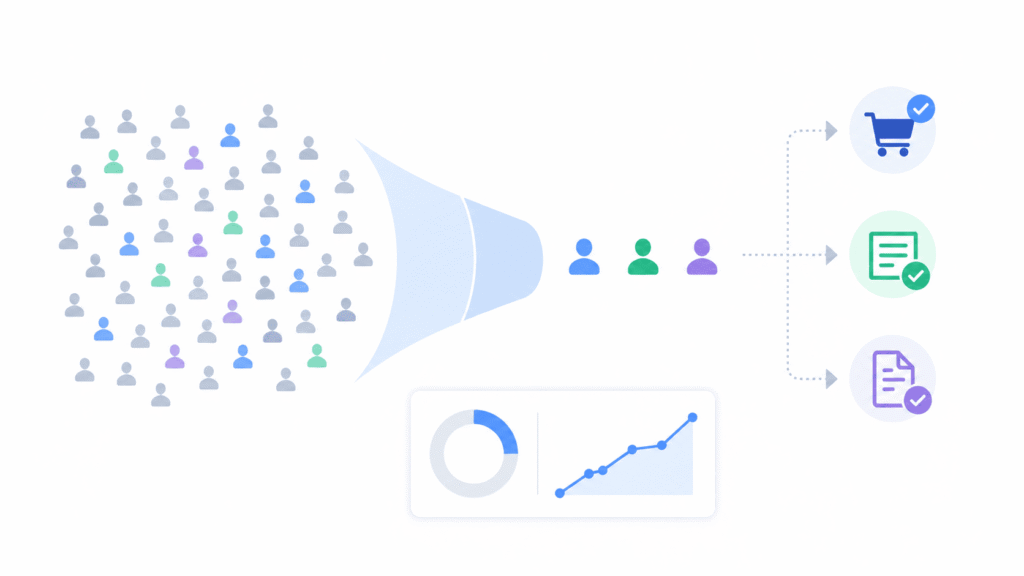 Illustration du taux de conversion marketing montrant la transformation de visiteurs ou leads en conversions.