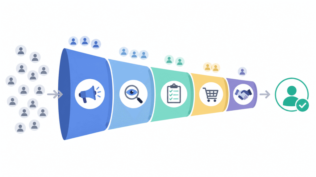 Illustration d’un tunnel de vente marketing montrant le parcours du prospect jusqu’à la conversion.