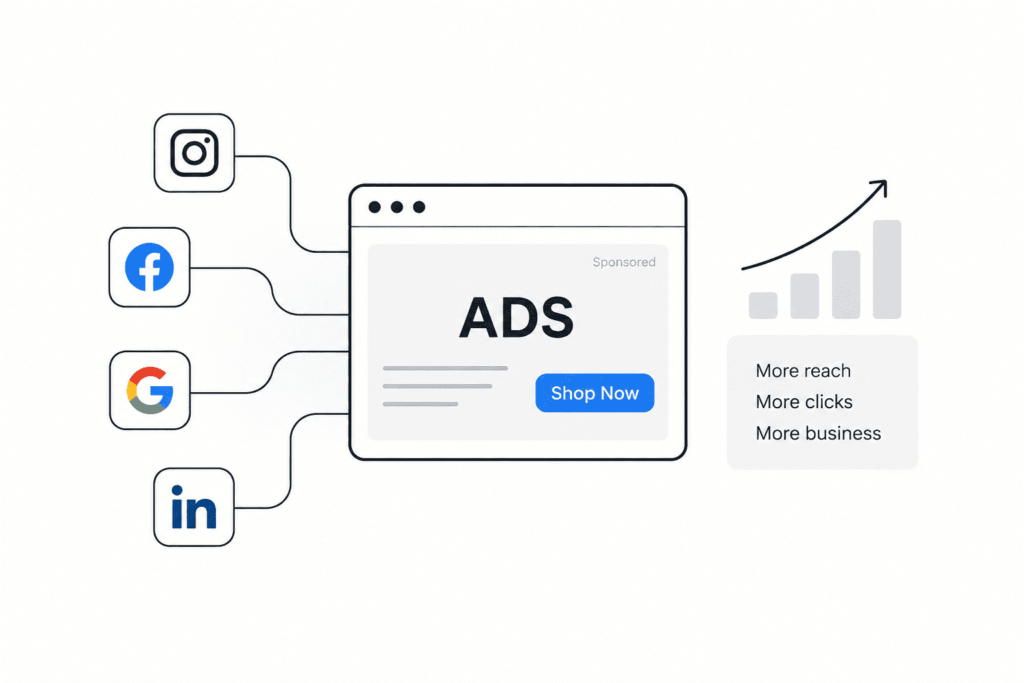 Illustration minimaliste des ads en marketing digital avec une annonce publicitaire ciblée sur une interface numérique.