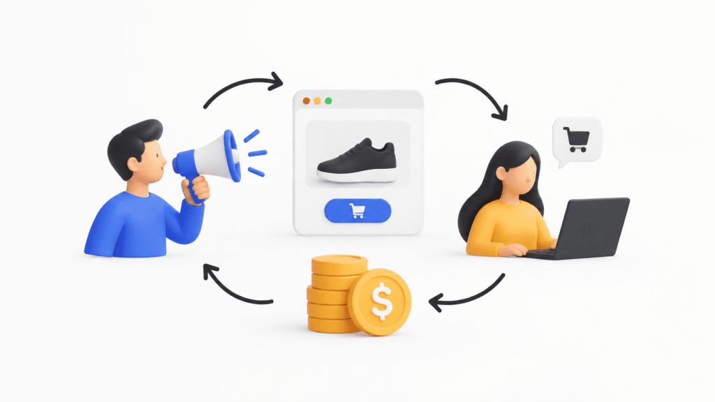 Illustration minimaliste de l'affiliation marketing reliant annonceur, affilié et client.
