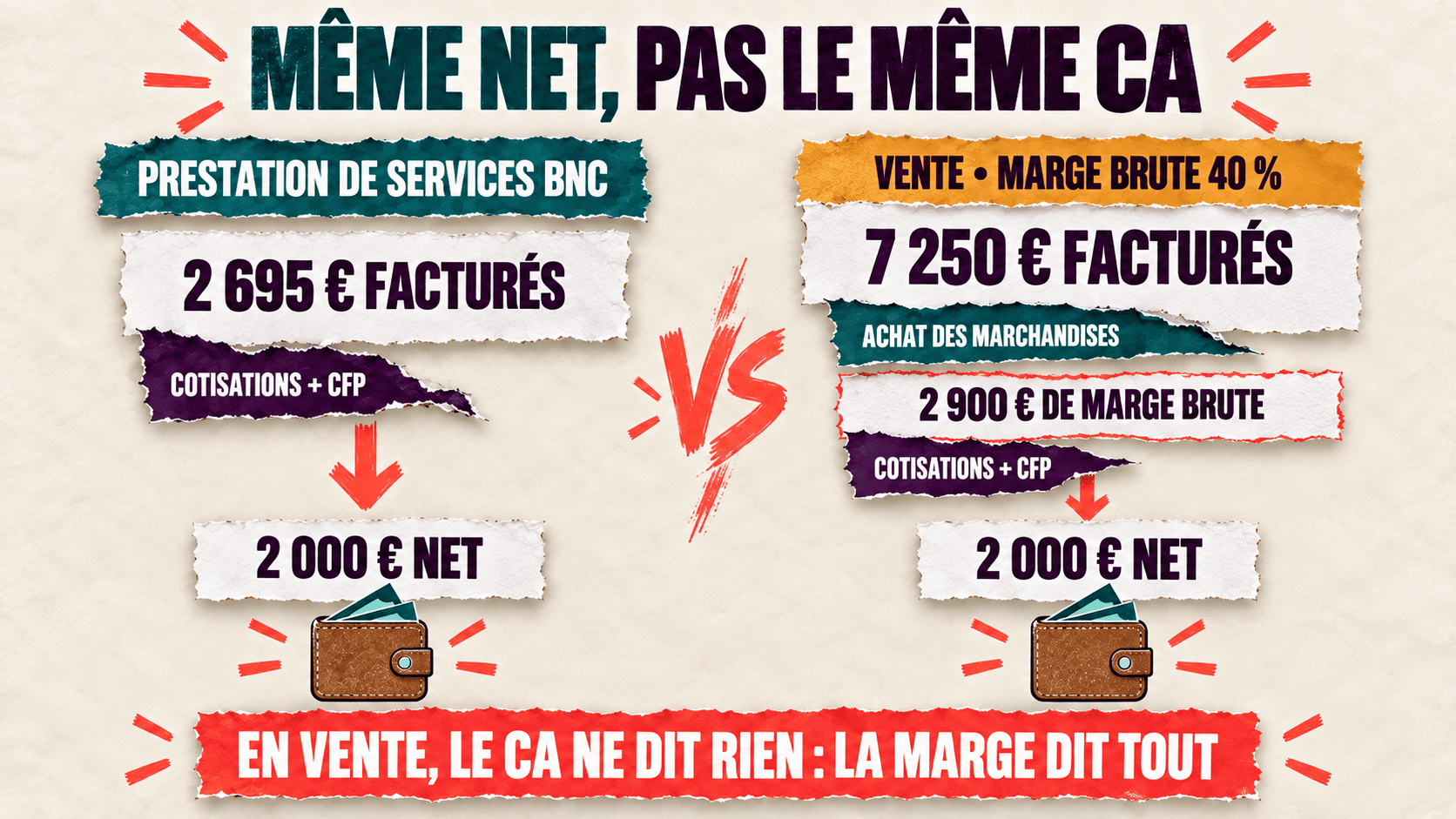 Comparaison du chiffre d’affaires BNC et vente pour 2 000 € net