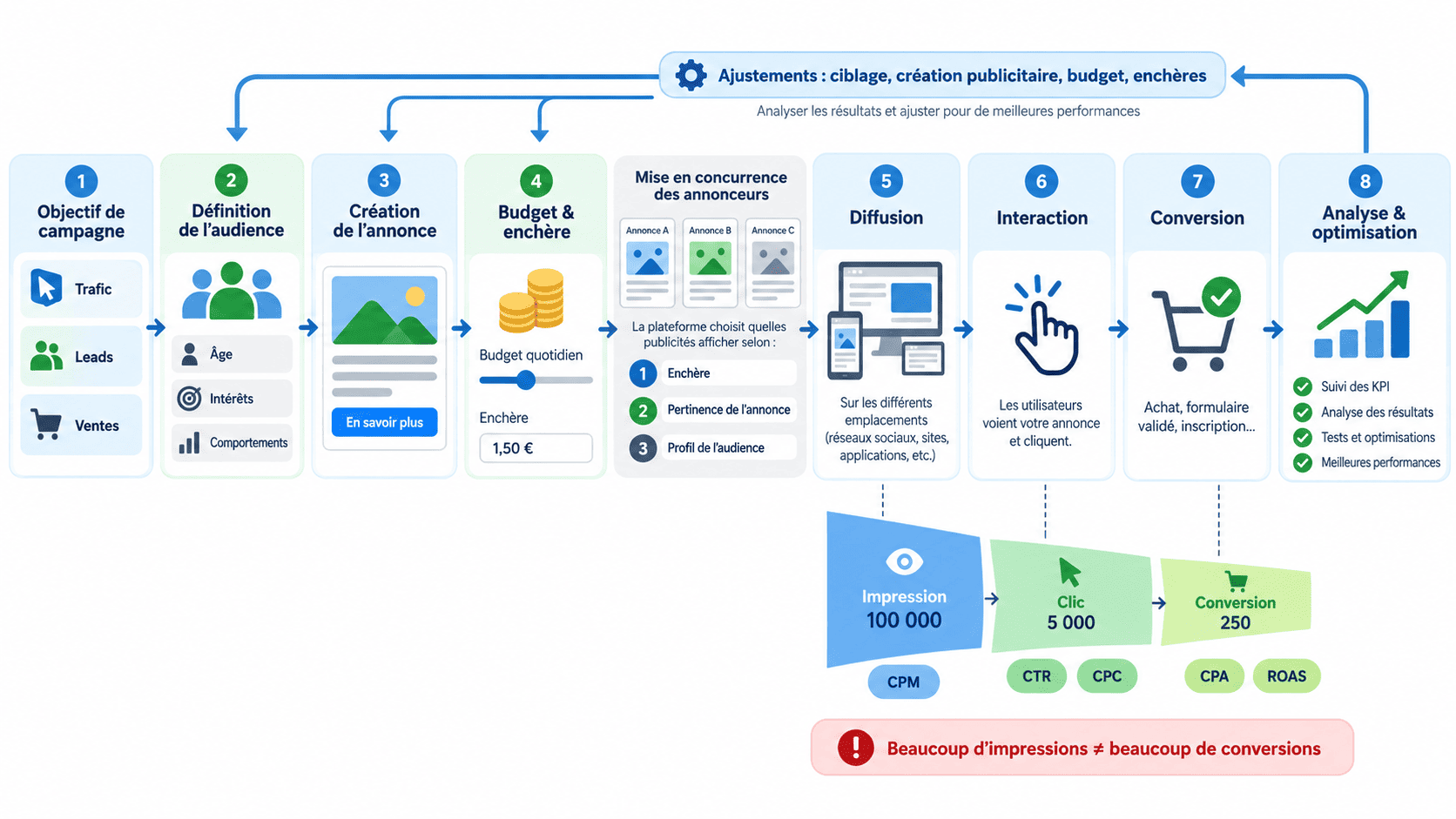 Fonctionnement des ads en marketing digital, de la définition de l'audience à la diffusion, la conversion et l'optimisation de la campagne.