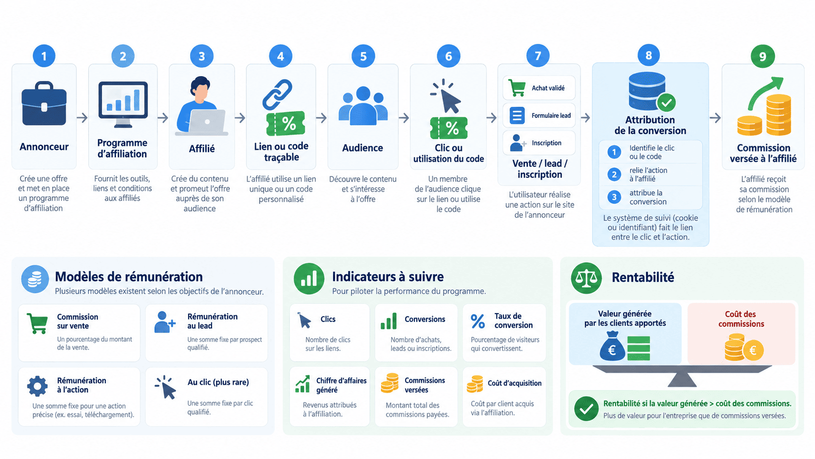 Fonctionnement de l'affiliation marketing, du lien affilié jusqu'à la conversion et au versement de la commission.