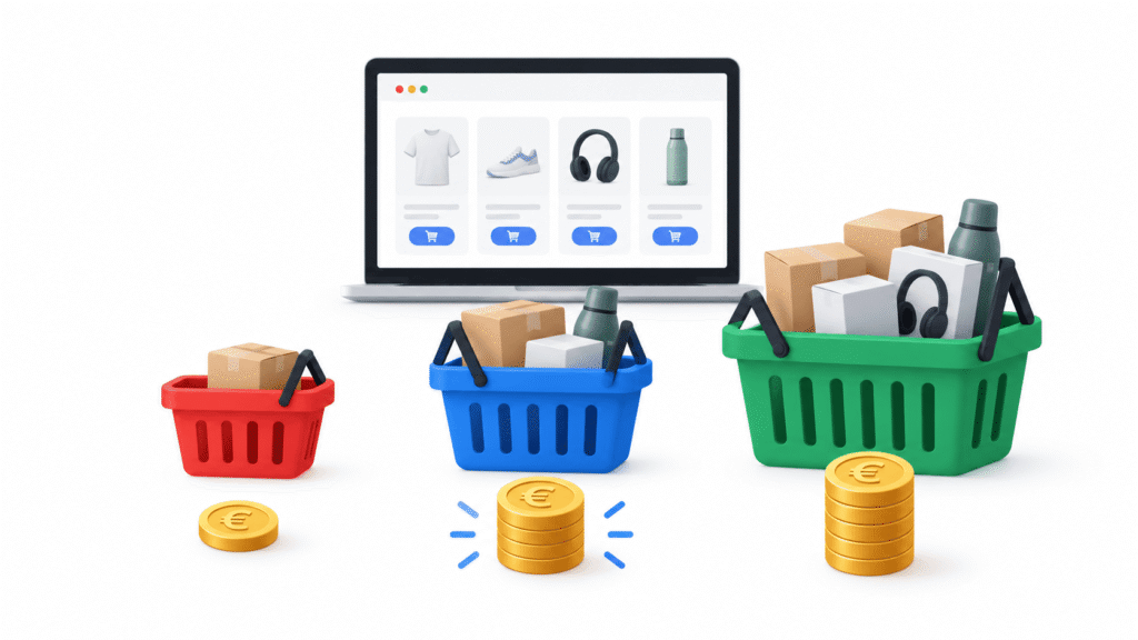 Panier moyen e-commerce représenté par un panier d’achat associé à la valeur d’une commande.