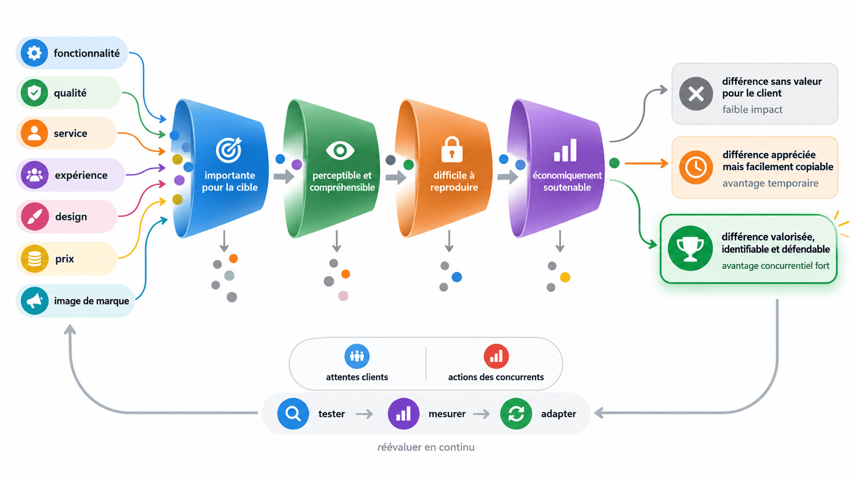 Stratégie de différenciation marketing évaluée selon la valeur client, la visibilité, l'imitabilité et la viabilité économique.