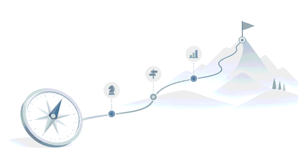 Illustration minimaliste de la stratégie d'entreprise représentée par le choix d'une direction vers un objectif.